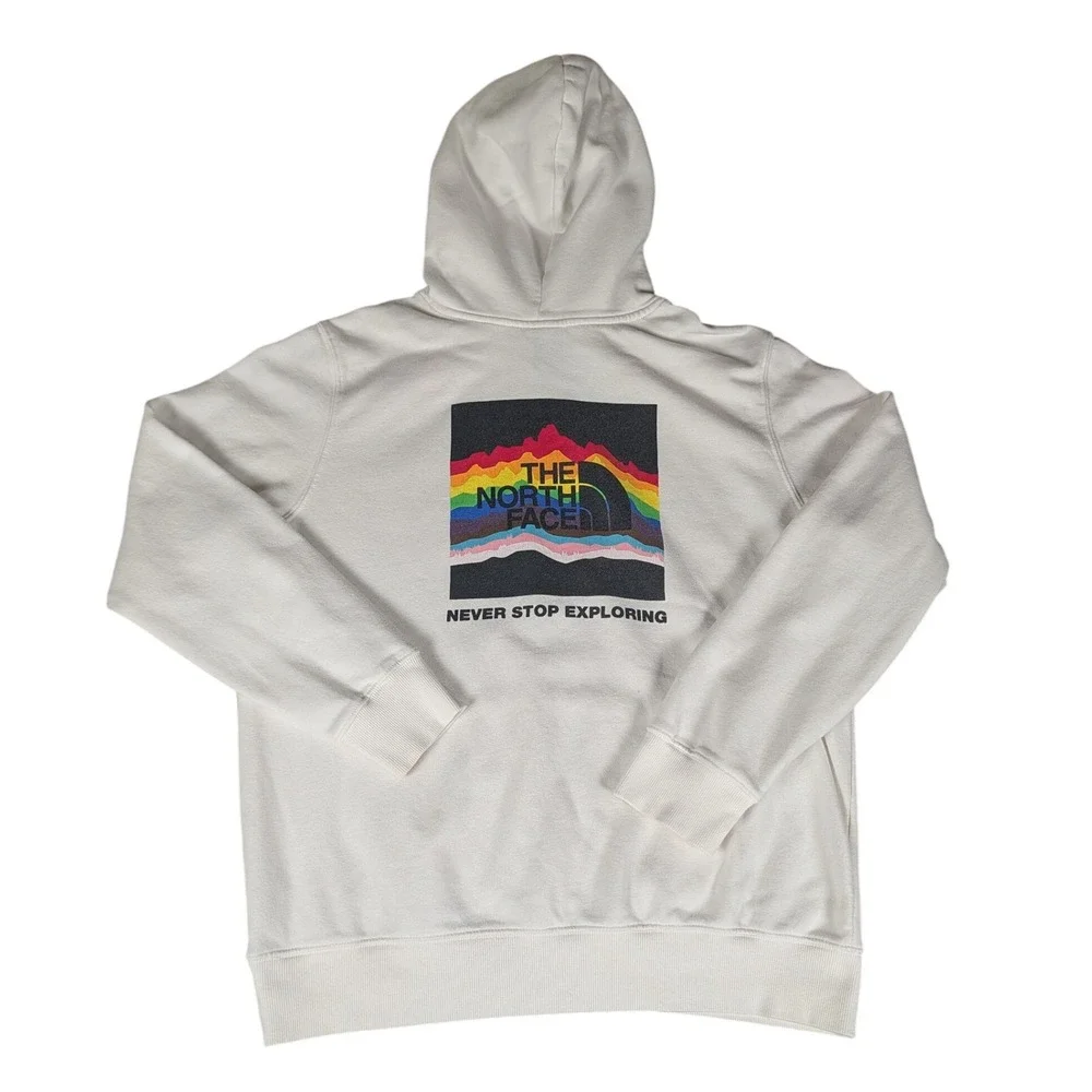 The North Face Mens White Rainbow Logo Hoodie Mountain Graphic Pullover L
